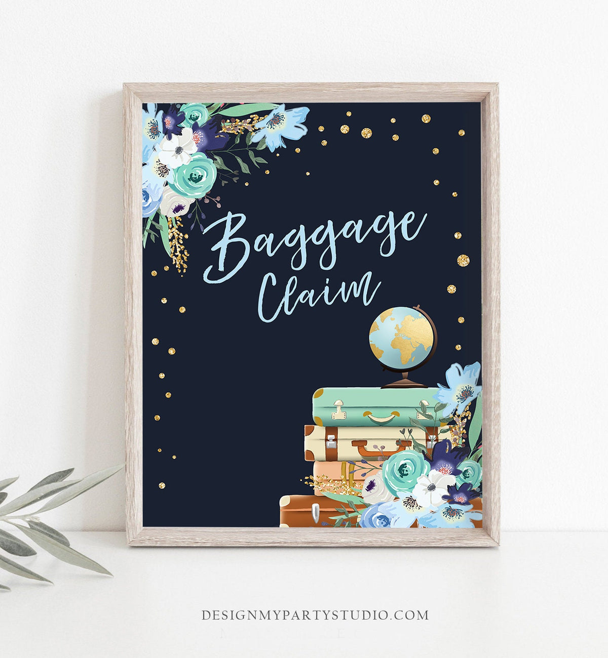 Baggage Claim Sign Miss to Mrs Travel Bridal Shower Wedding Birthday Flowers Globe Suitcase Blue Confetti Instant Download PRINTABLE 0030