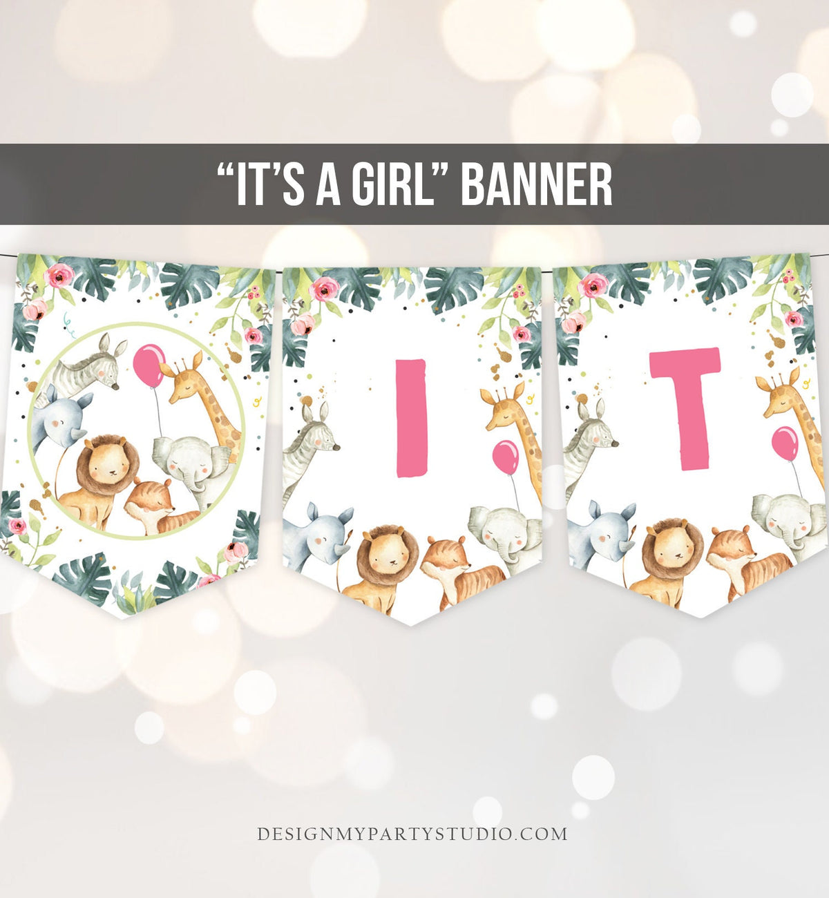 It&#39;s a Girl Safari Animals Baby Shower Banner Sprinkle Baby Party Animals Banner Jungle Zoo Green Pink Girl Decor Download Printable 0163