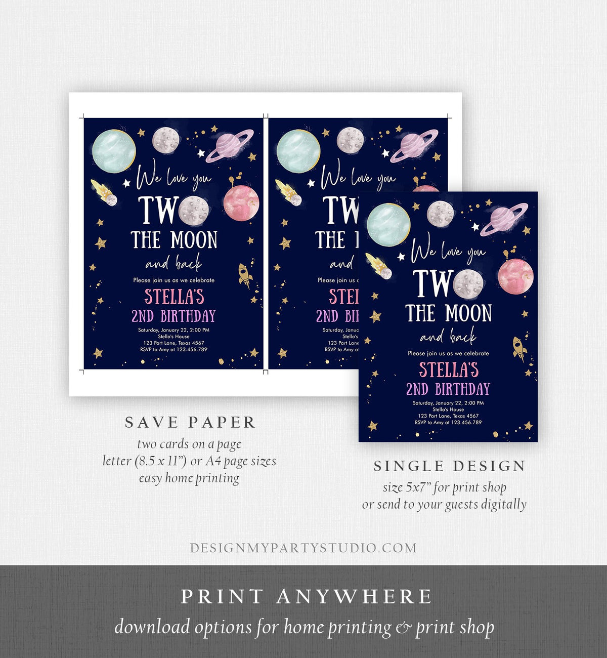 Editable Two the Moon Second Birthday Invitation Space Astronaut Love You to the Moon Galaxy 2nd Girl Printable Template Digital Corjl 0357