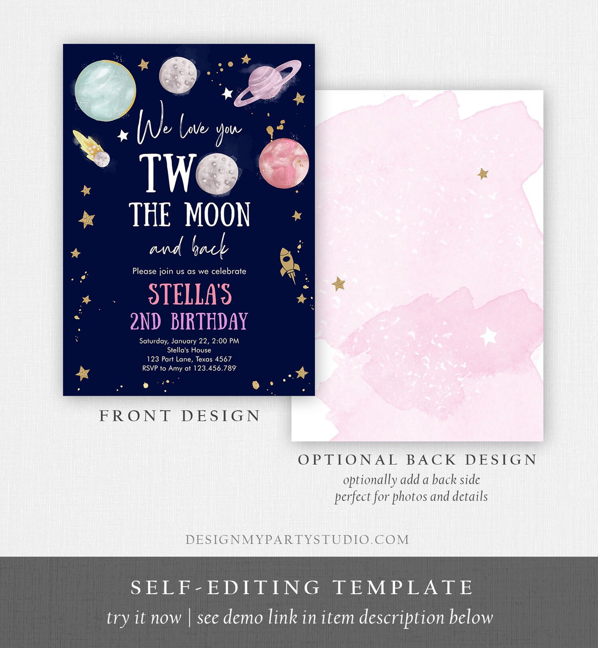 Editable Two the Moon Second Birthday Invitation Space Astronaut Love You to the Moon Galaxy 2nd Girl Printable Template Digital Corjl 0357