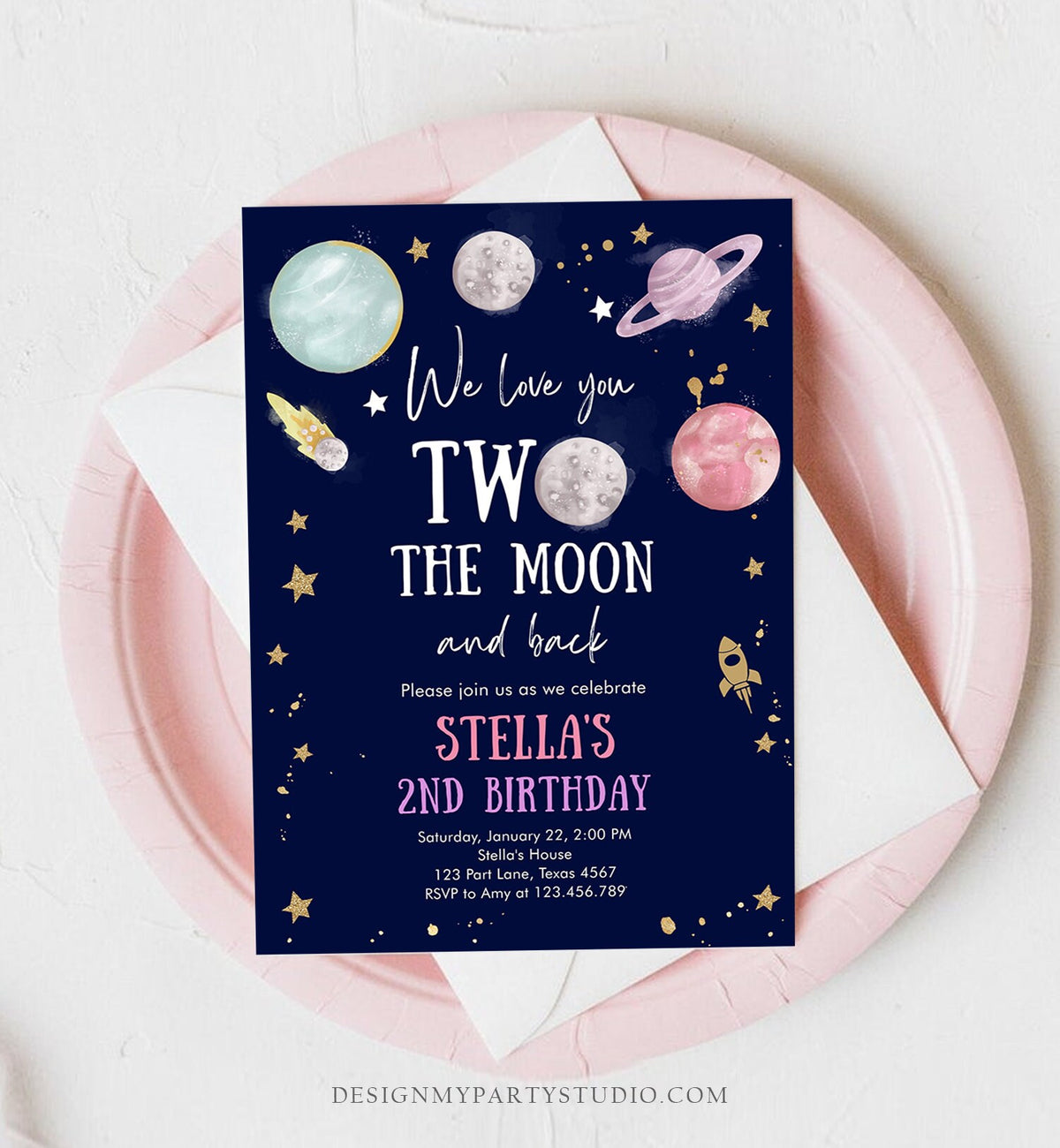 Editable Two the Moon Second Birthday Invitation Space Astronaut Love You to the Moon Galaxy 2nd Girl Printable Template Digital Corjl 0357