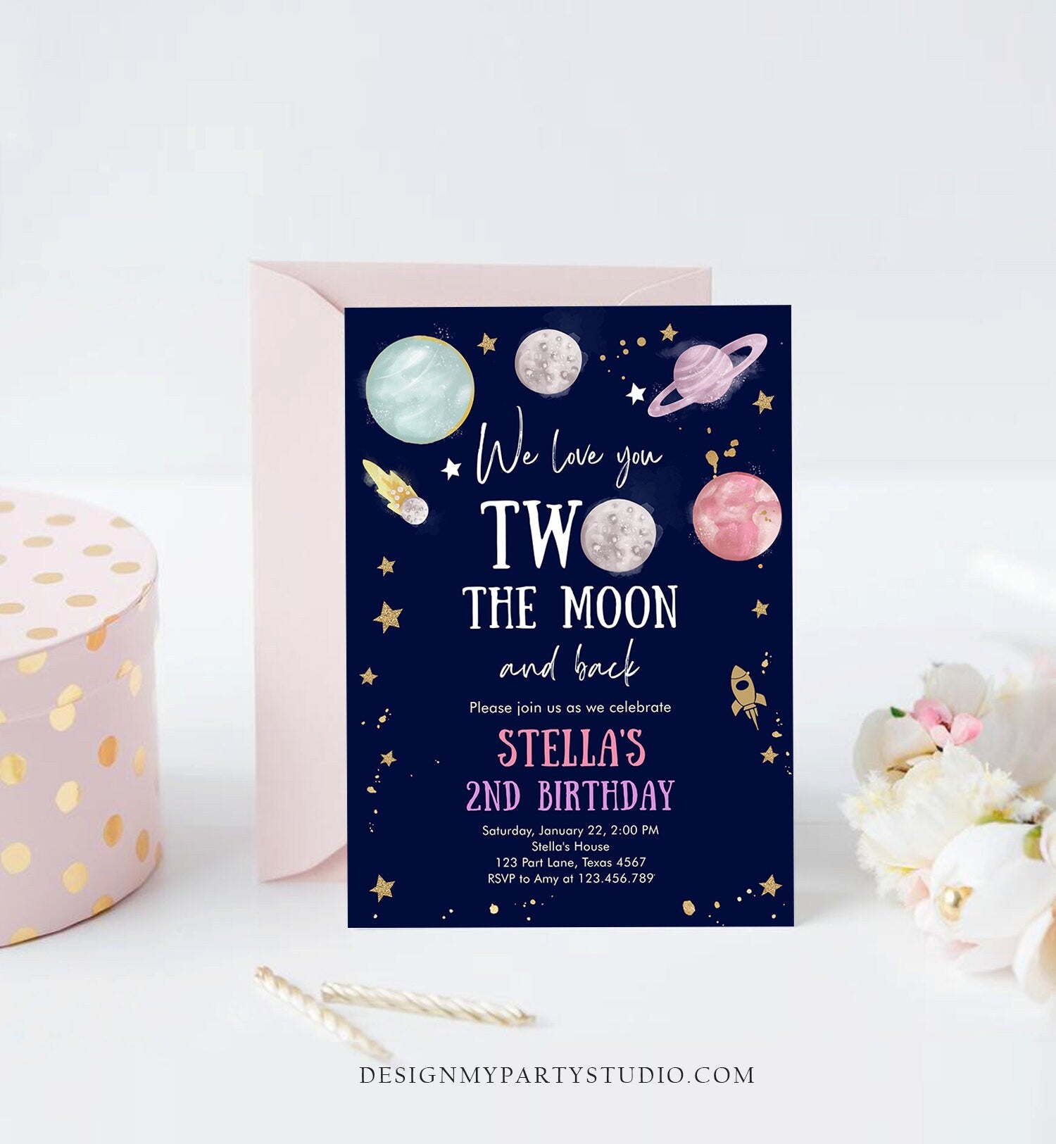 Editable Two the Moon Second Birthday Invitation Space Astronaut Love You to the Moon Galaxy 2nd Girl Printable Template Digital Corjl 0357