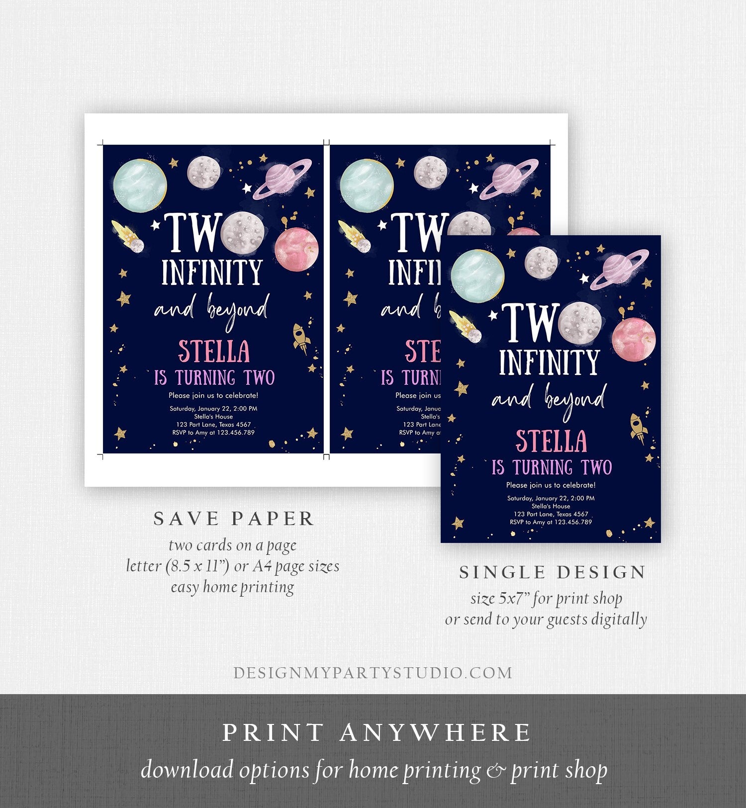 Editable Outer Space Birthday Invitation Two Infinity and Beyond Birthday Astronaut Planets Download Printable Template Digital Corjl 0357