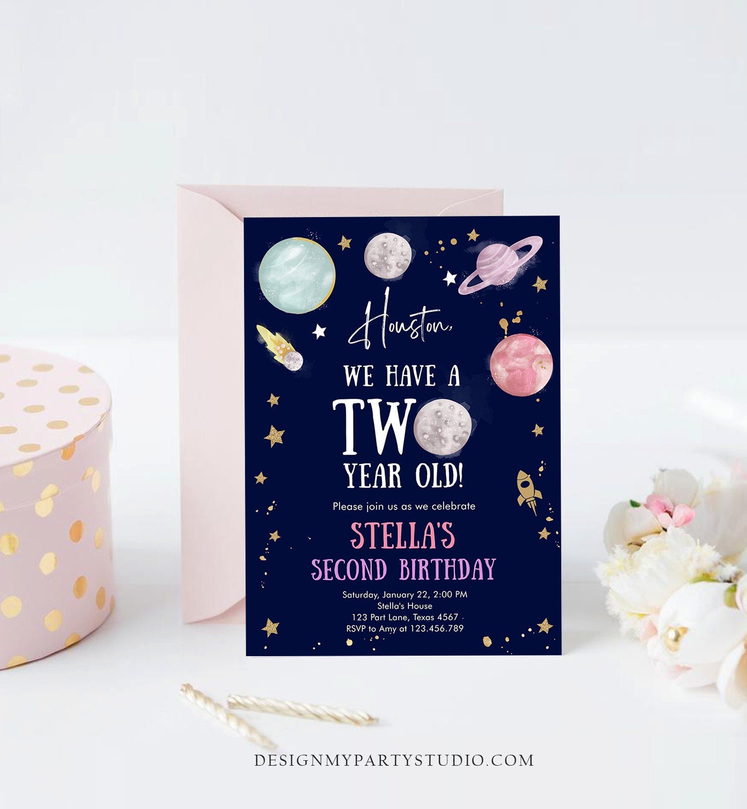 Editable Outer Space Second Birthday Invitation Galaxy Houston Two Year Old 2nd Birthday Girl Download Printable Template Digital Corjl 0357