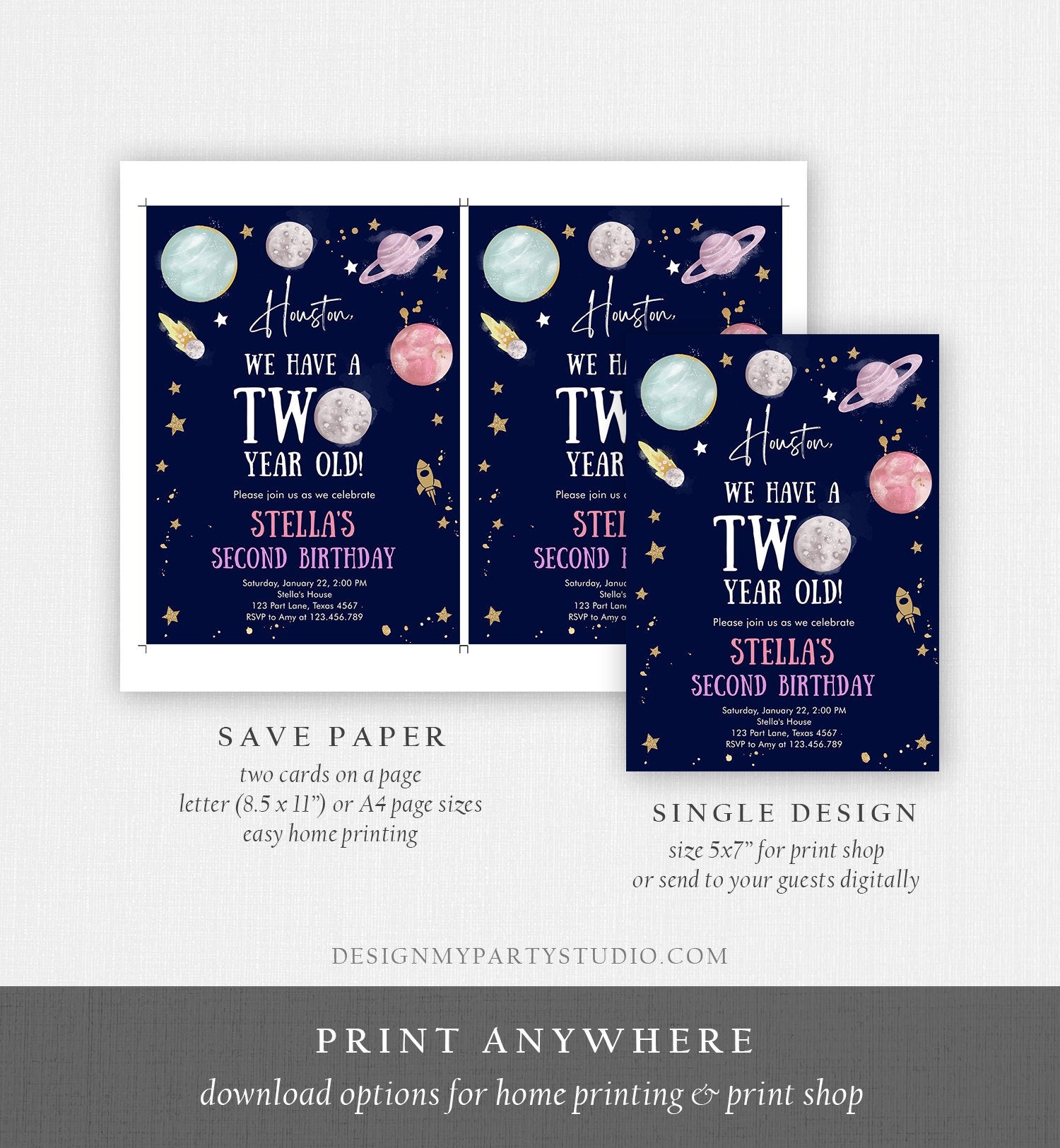 Editable Outer Space Second Birthday Invitation Galaxy Houston Two Year Old 2nd Birthday Girl Download Printable Template Digital Corjl 0357