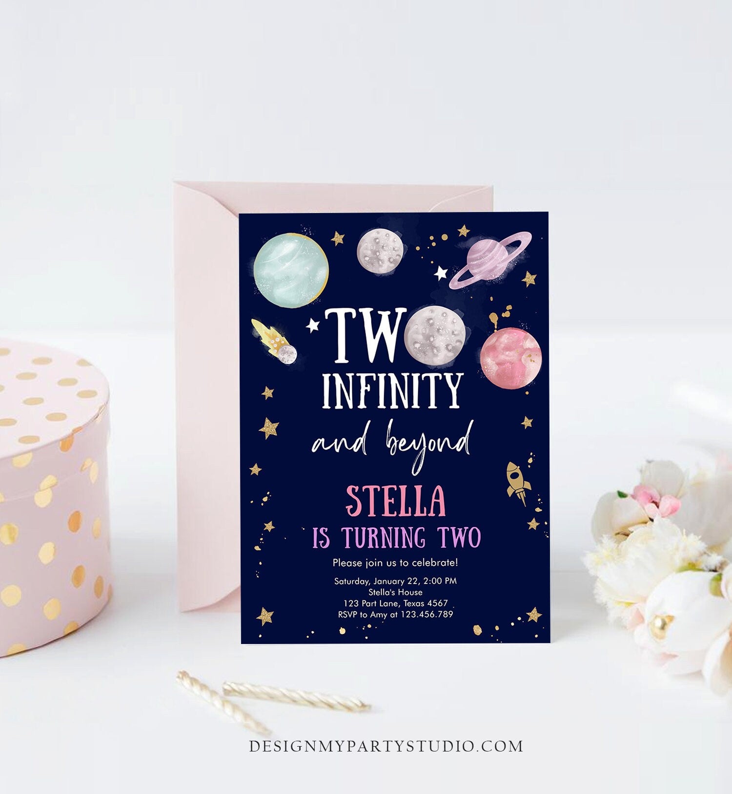 Editable Outer Space Birthday Invitation Two Infinity and Beyond Birthday Astronaut Planets Download Printable Template Digital Corjl 0357