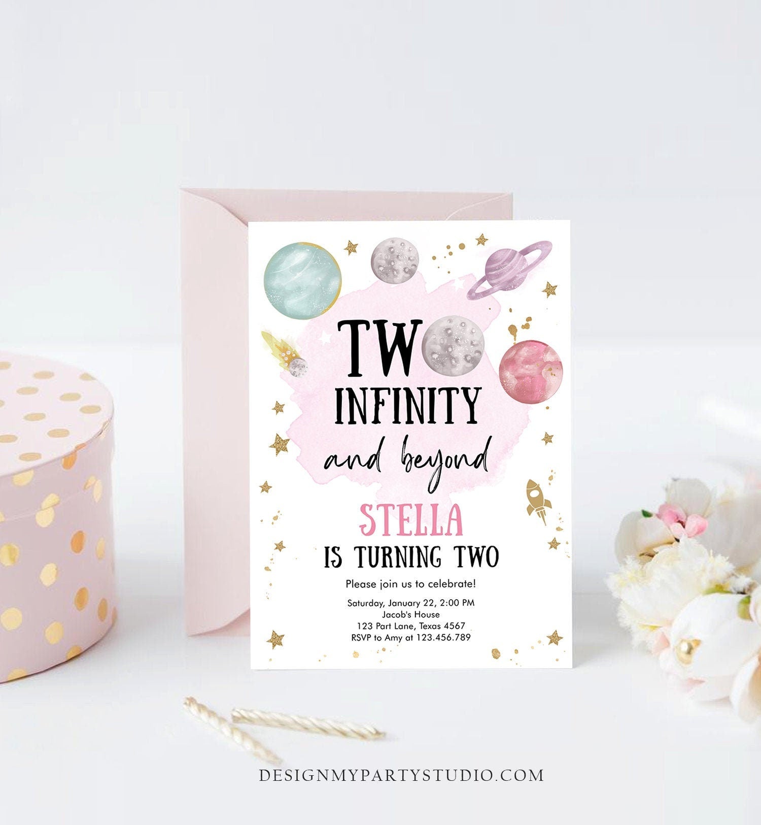 Editable Outer Space Birthday Invitation Two Infinity and Beyond Birthday Astronaut Planets Download Printable Template Digital Corjl 0357