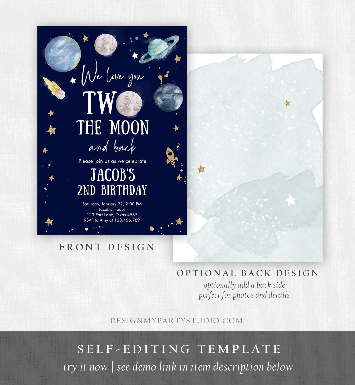 Editable Two the Moon Second Birthday Invitation Space Astronaut Love You to the Moon Galaxy 2nd Boy Printable Template Digital Corjl 0357