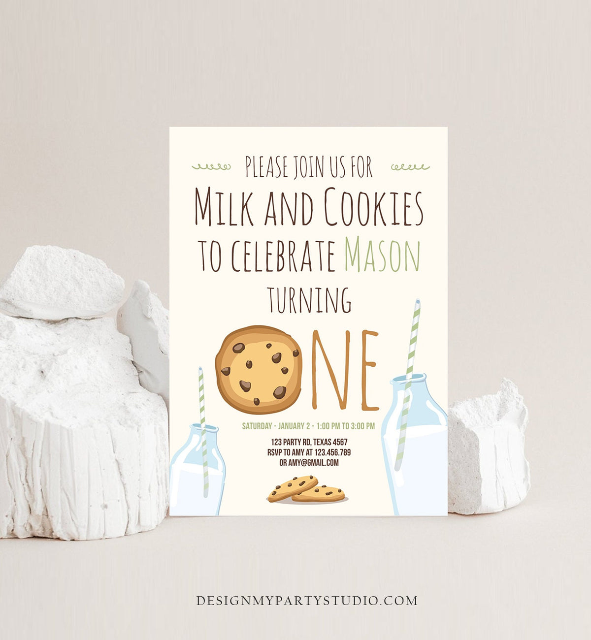 Editable Milk and Cookies Birthday Invitation Milk &amp; Cookies Party 1st Birthday First Birthday Mint Green Boy Printable Template Corjl 0088