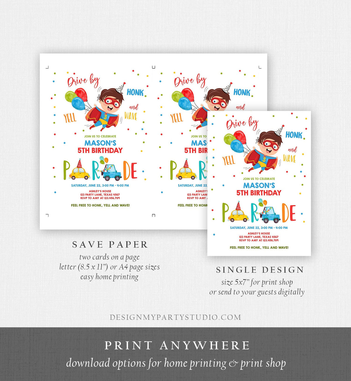 Editable Superhero Drive By Birthday Parade Invitation Superhero Party Invite Honk Wave Car Boy Quarantine Download Digital Corjl 0376