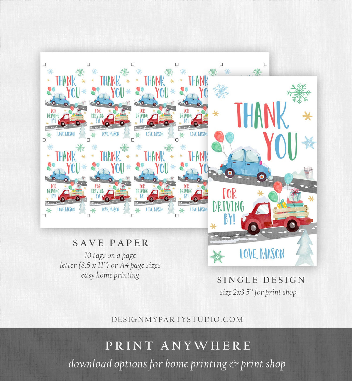 Editable Winter Drive By Favor Tag Drive By Birthday Party Parade Thank You Gift Tags Round Square Blue Boy Corjl Template Printable 0333