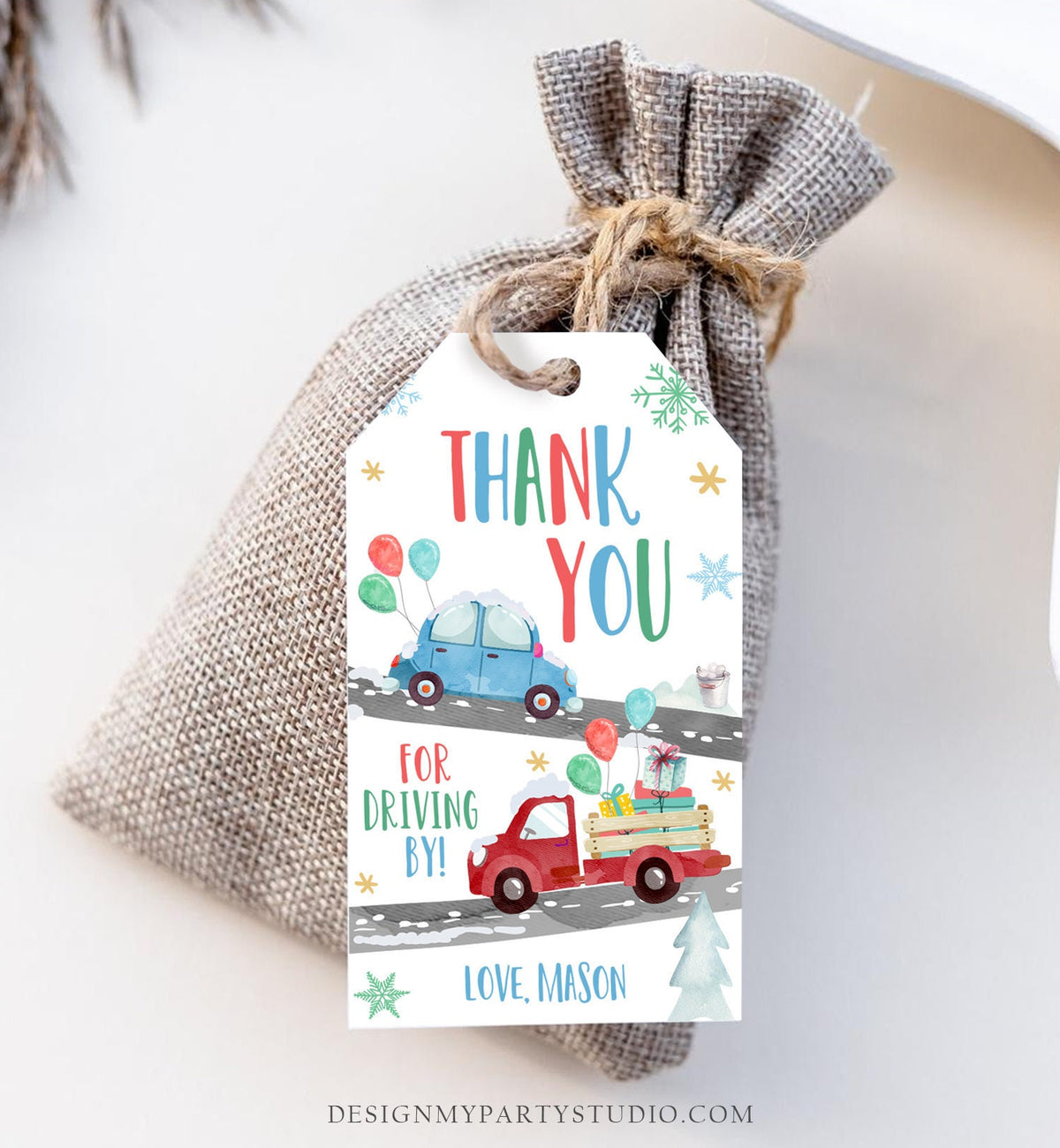 Editable Winter Drive By Favor Tag Drive By Birthday Party Parade Thank You Gift Tags Round Square Blue Boy Corjl Template Printable 0333