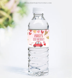 Editable Water Bottle Labels Drive By Valentine Birthday Baby Shower Decor Sweetheart Hearts Car Pink Red Gold Template Corjl Printable 0371