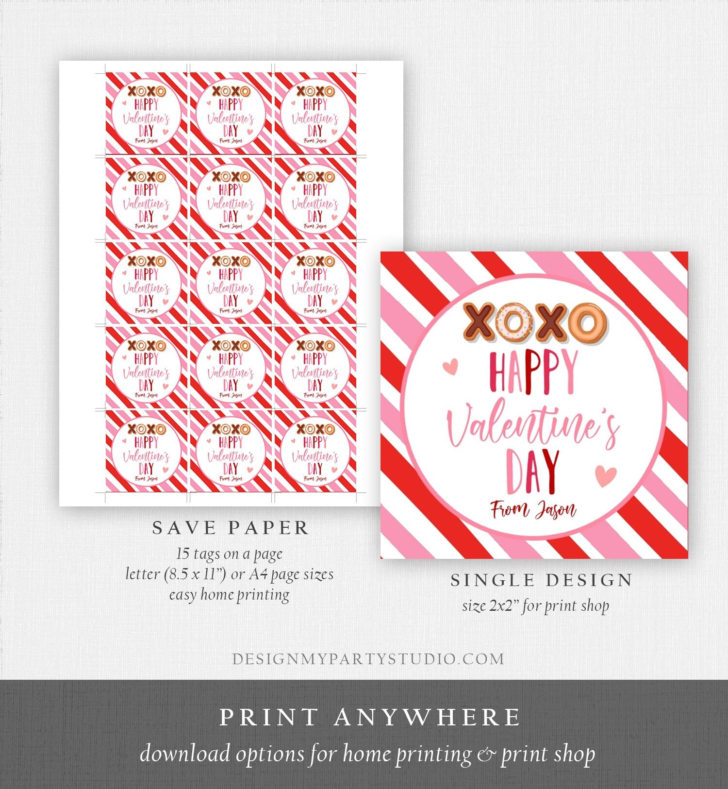 Editable Valentine's Day Cookie Tags Happy Valentine's Day Cookies Tag Sticker xoxo Kisses Valentines Day Card Labels Digital PRINTABLE 0370