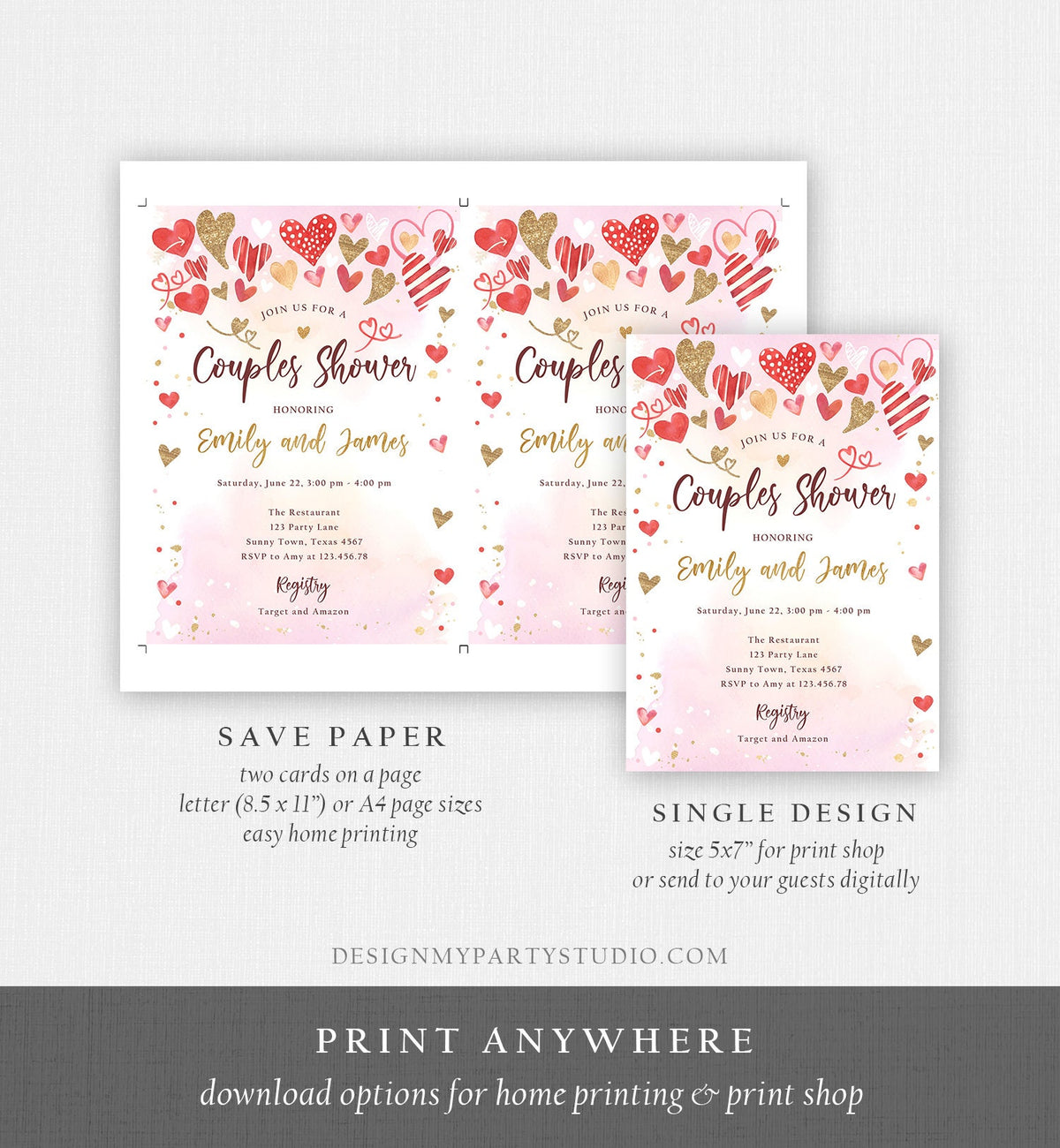 Editable Couples Shower Invitation Hearts Valentine Pink Gold Hearts Bridal Wedding Shower Showered with Love Corjl Template Printable 0371