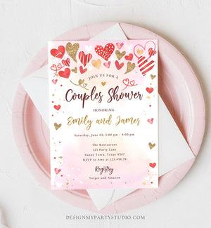 Editable Couples Shower Invitation Hearts Valentine Pink Gold Hearts Bridal Wedding Shower Showered with Love Corjl Template Printable 0371