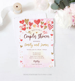 Editable Couples Shower Invitation Hearts Valentine Pink Gold Hearts Bridal Wedding Shower Showered with Love Corjl Template Printable 0371
