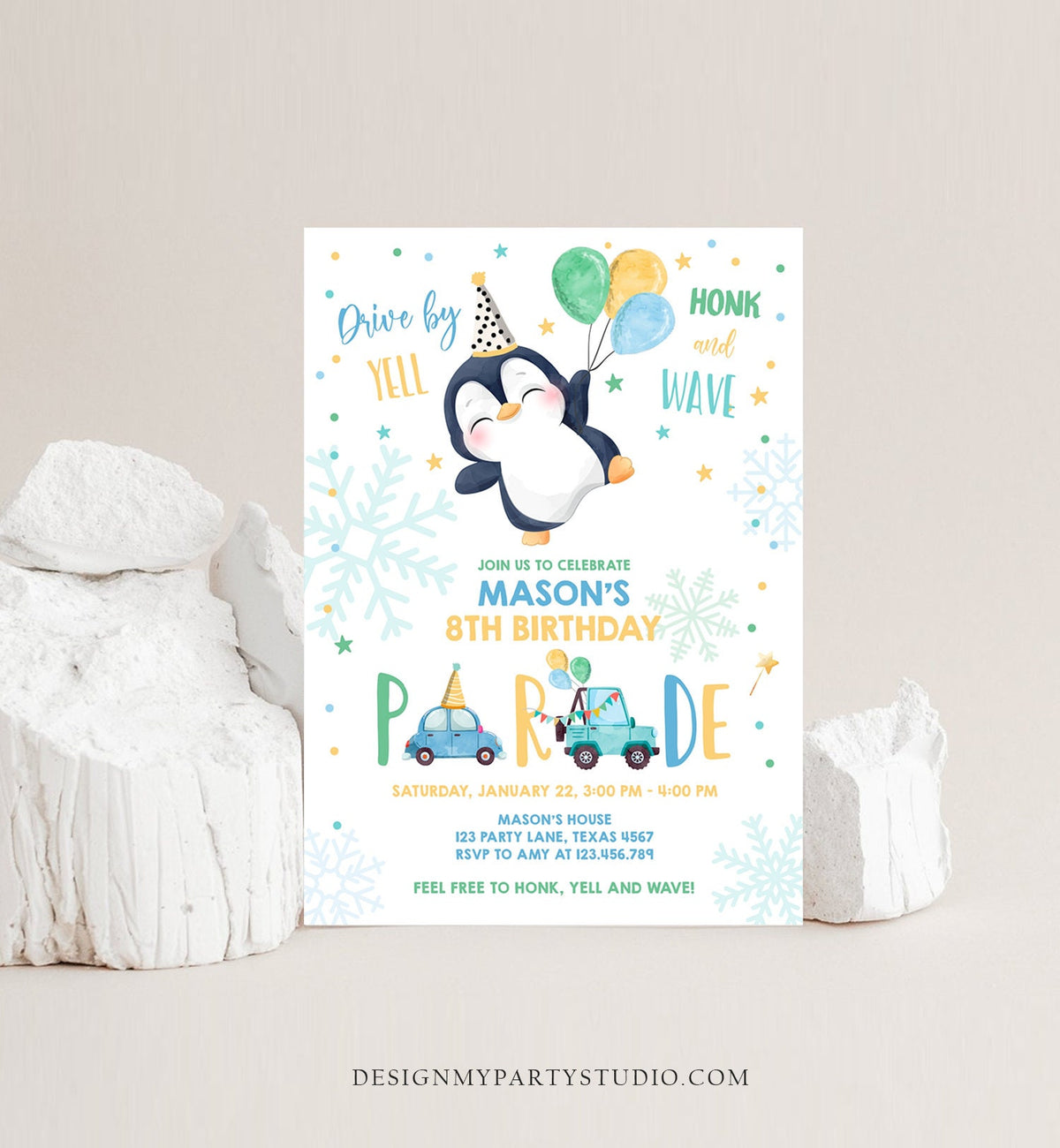 Editable Penguin Drive By Birthday Parade Invitation Winter Party Invite Honk Wave Car Boy Blue Drive Through South Pole Digital Corjl 0372