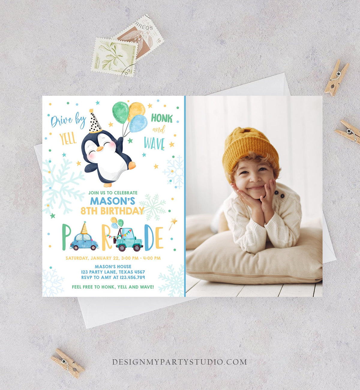Editable Penguin Drive By Birthday Parade Invitation Winter Party Invite Honk Wave Car Boy Blue Drive Through South Pole Digital Corjl 0372