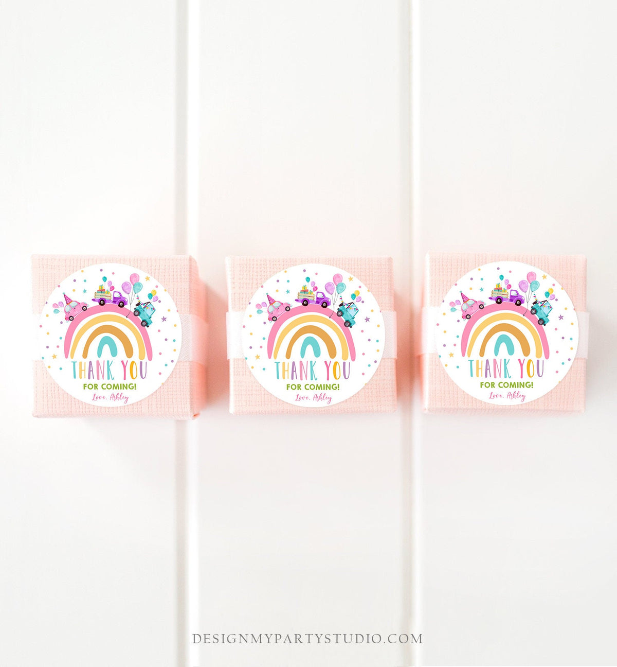 Editable Rainbow Favor Tag Drive By Birthday Favors Party Parade Magical Rainbow Thank You Gift Tags Pink Girl Corjl Template Printable 0333