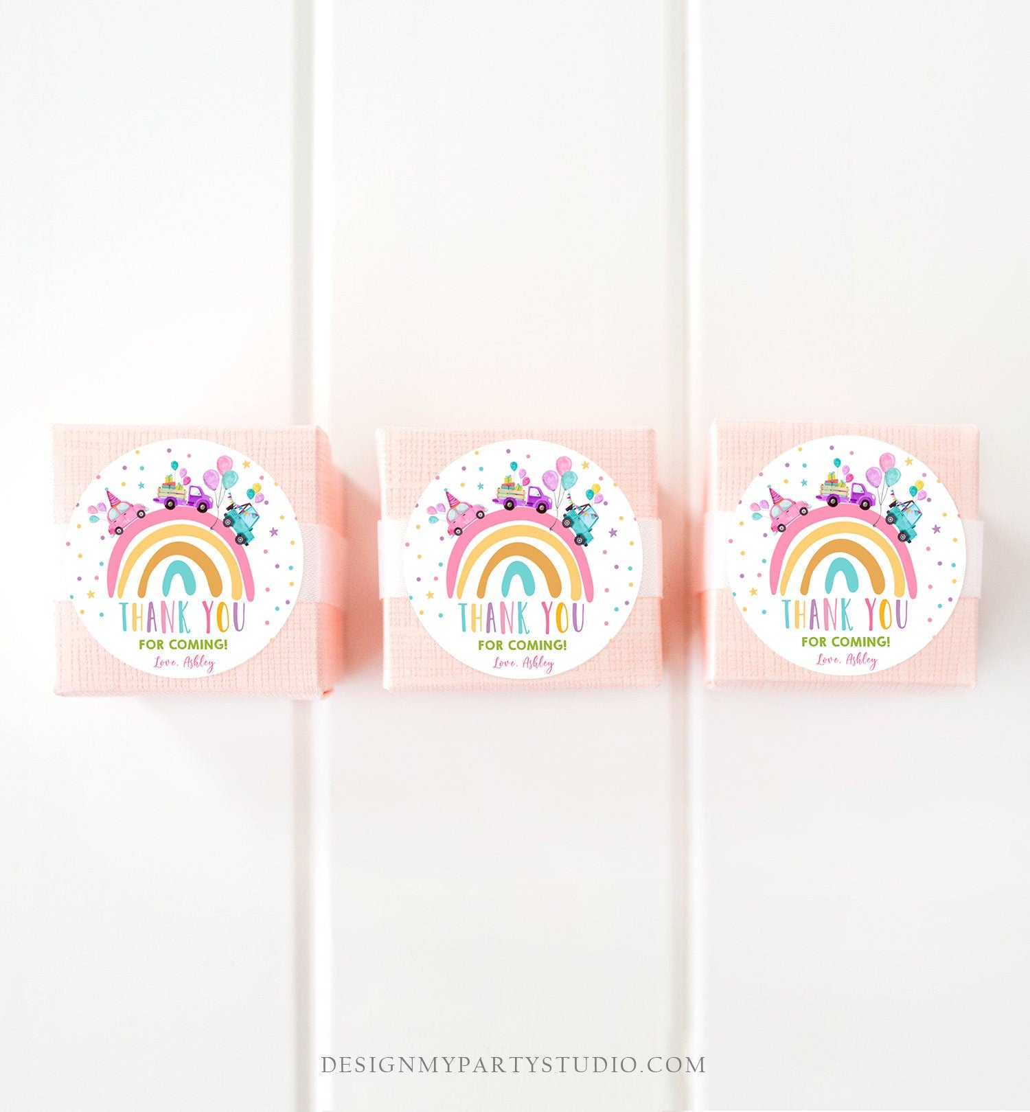 Editable Rainbow Favor Tag Drive By Birthday Favors Party Parade Magical Rainbow Thank You Gift Tags Pink Girl Corjl Template Printable 0333