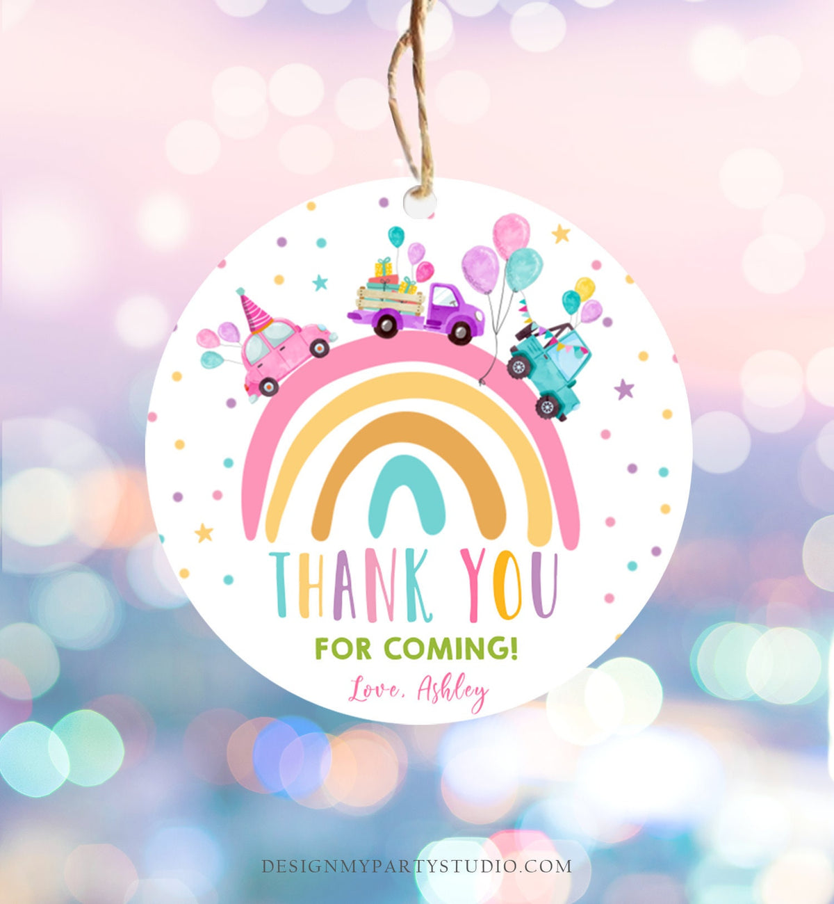 Editable Rainbow Favor Tag Drive By Birthday Favors Party Parade Magical Rainbow Thank You Gift Tags Pink Girl Corjl Template Printable 0333