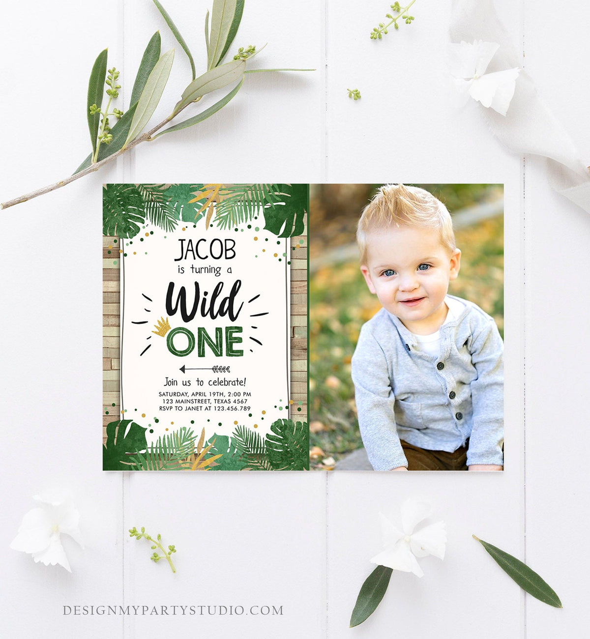 Editable Wild One Birthday Invitation Safari Jungle Boy Gold First Birthday 1st Wood Leaves Tropical Download Corjl Template Printable 0332
