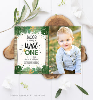 Editable Wild One Birthday Invitation Safari Jungle Boy Gold First Birthday 1st Wood Leaves Tropical Download Corjl Template Printable 0332