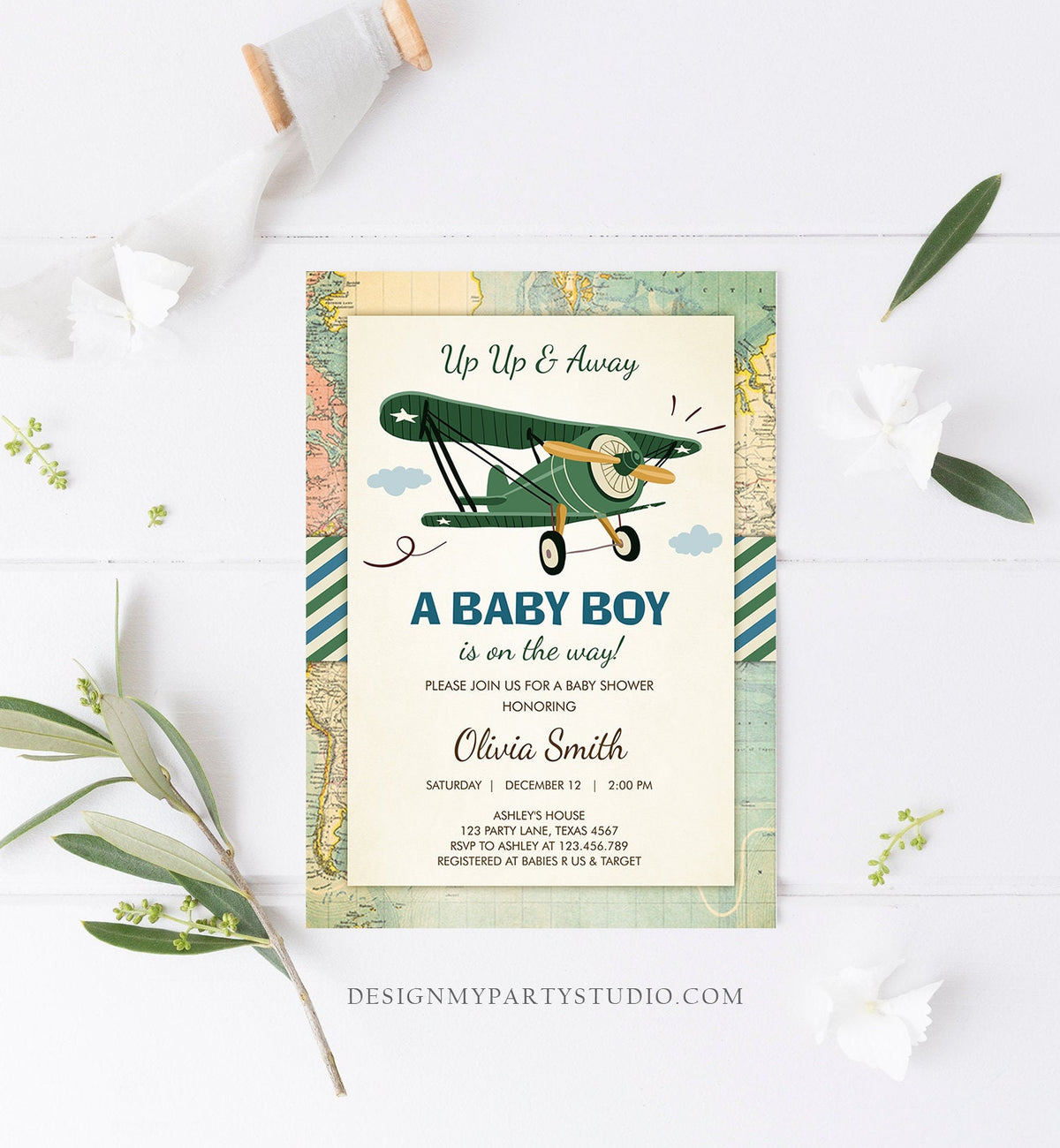 Editable Up Up and Away Airplane Baby Shower Invitation Travel Adventure Baby Boy Green Plane Instant Download Digital Corjl Template 0011