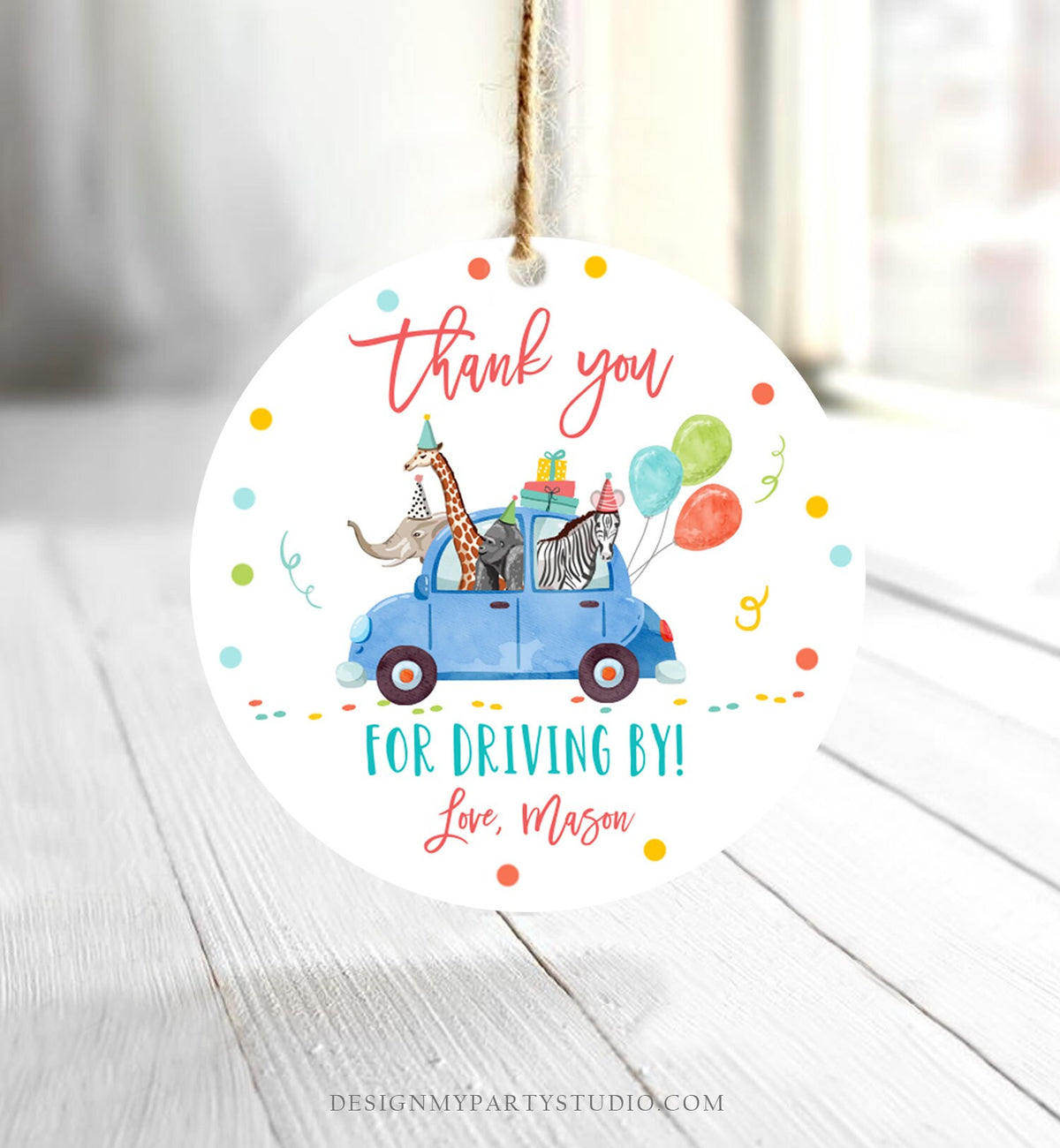 Editable Drive By Favor Tag Safari Animals Birthday Party Parade Thank You Gift Quarantine Blue Car Boy Round Square Corjl Template 0333