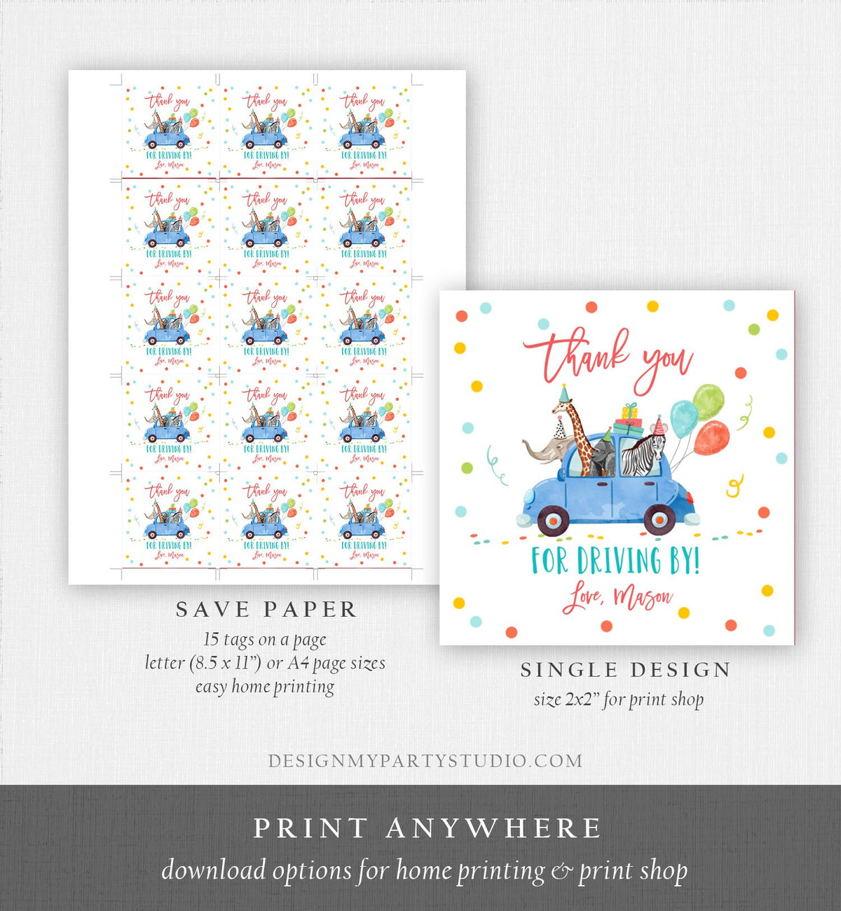 Editable Drive By Favor Tag Safari Animals Birthday Party Parade Thank You Gift Quarantine Blue Car Boy Round Square Corjl Template 0333