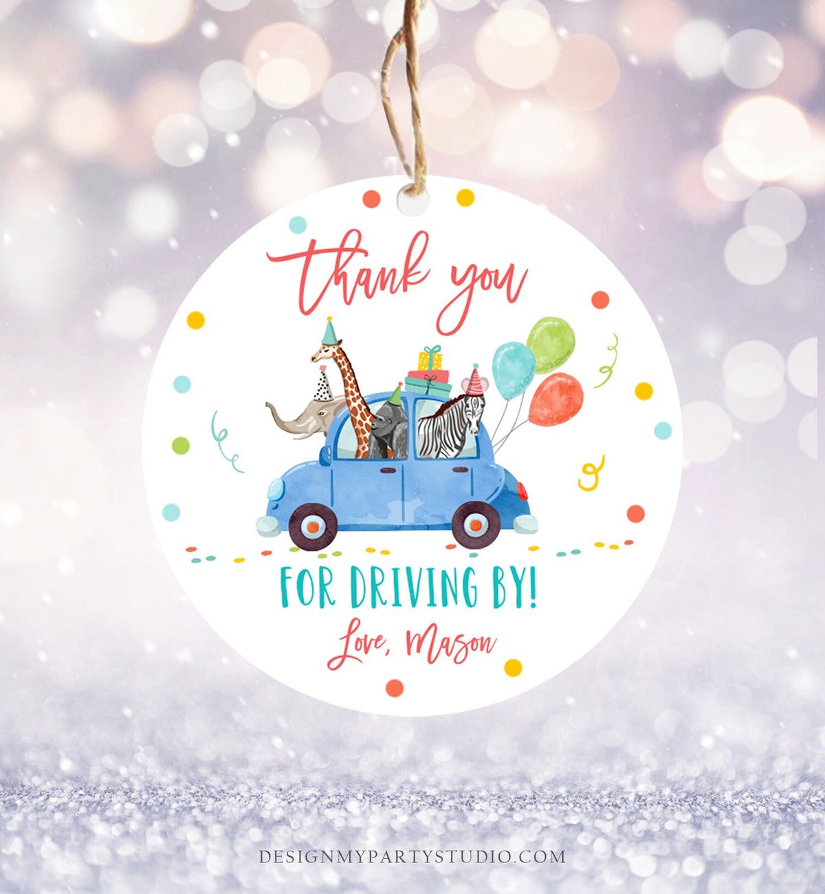 Editable Drive By Favor Tag Safari Animals Birthday Party Parade Thank You Gift Quarantine Blue Car Boy Round Square Corjl Template 0333