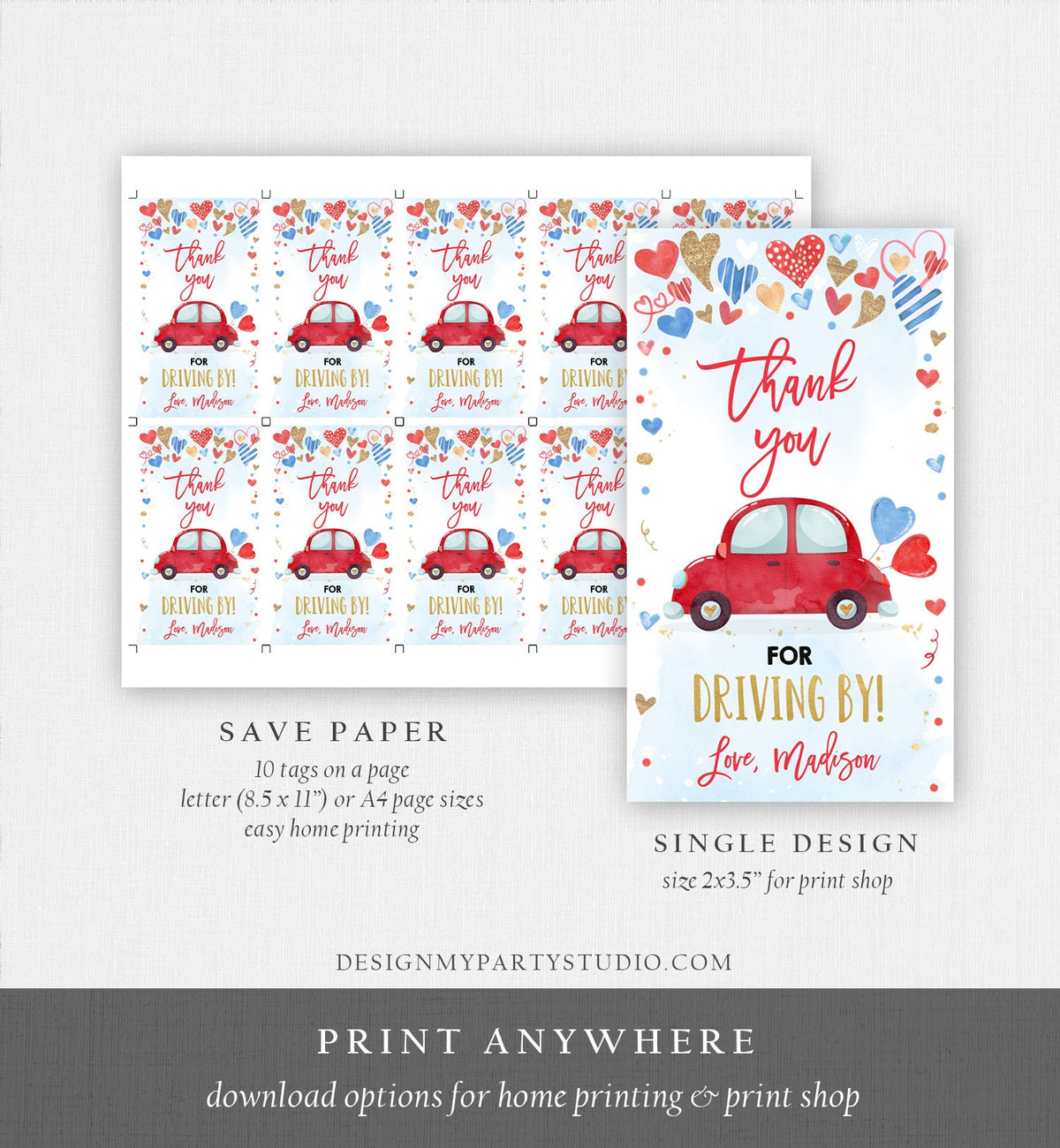 Editable Drive By Favor Tag Valentine Hearts Birthday Parade Drive Through Favors Party Thank You Red Pink Car Corjl Template Printable 0371