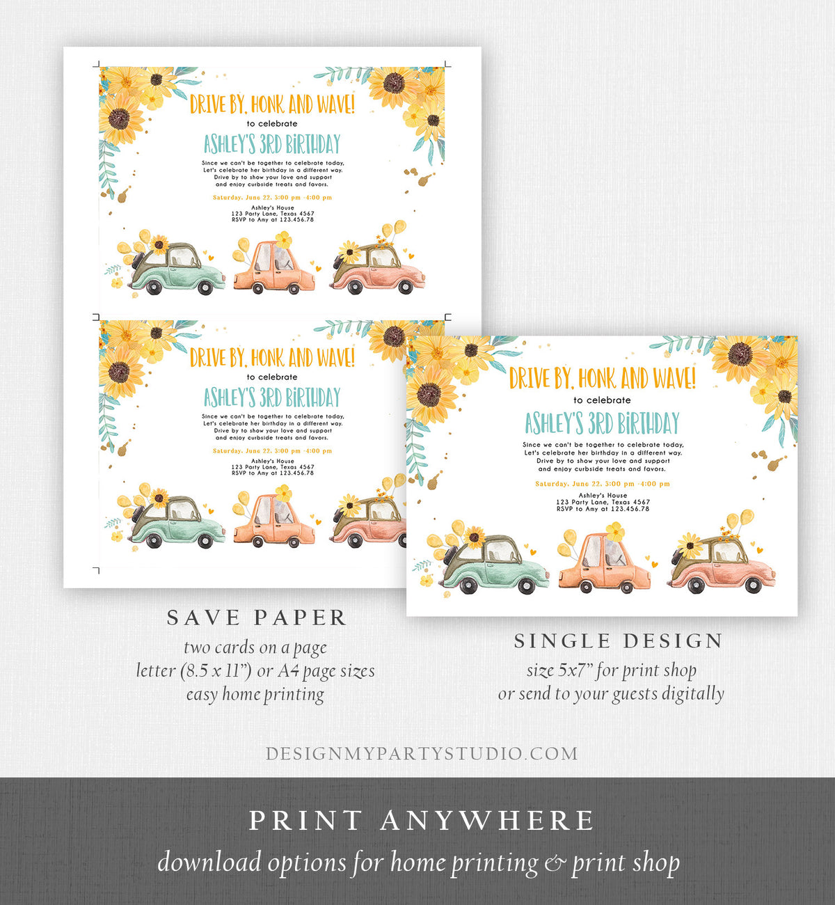 Editable Drive By Birthday Parade Invitation Virtual Party Invite Honk Wave Girl Yellow Sunflowers Summer Drive Through Digital Corjl 0335