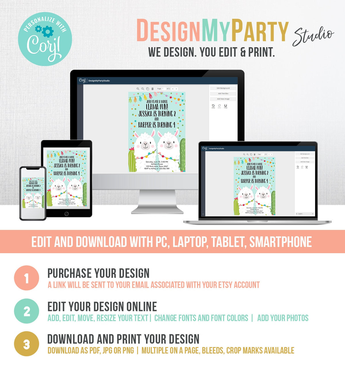 Editable Whole Llama Fun Birthday Invitation Fiesta Twin Llama Cactus Girl Boy Joint Coed Blue Confetti Alpaca Corjl Template Printable 0079