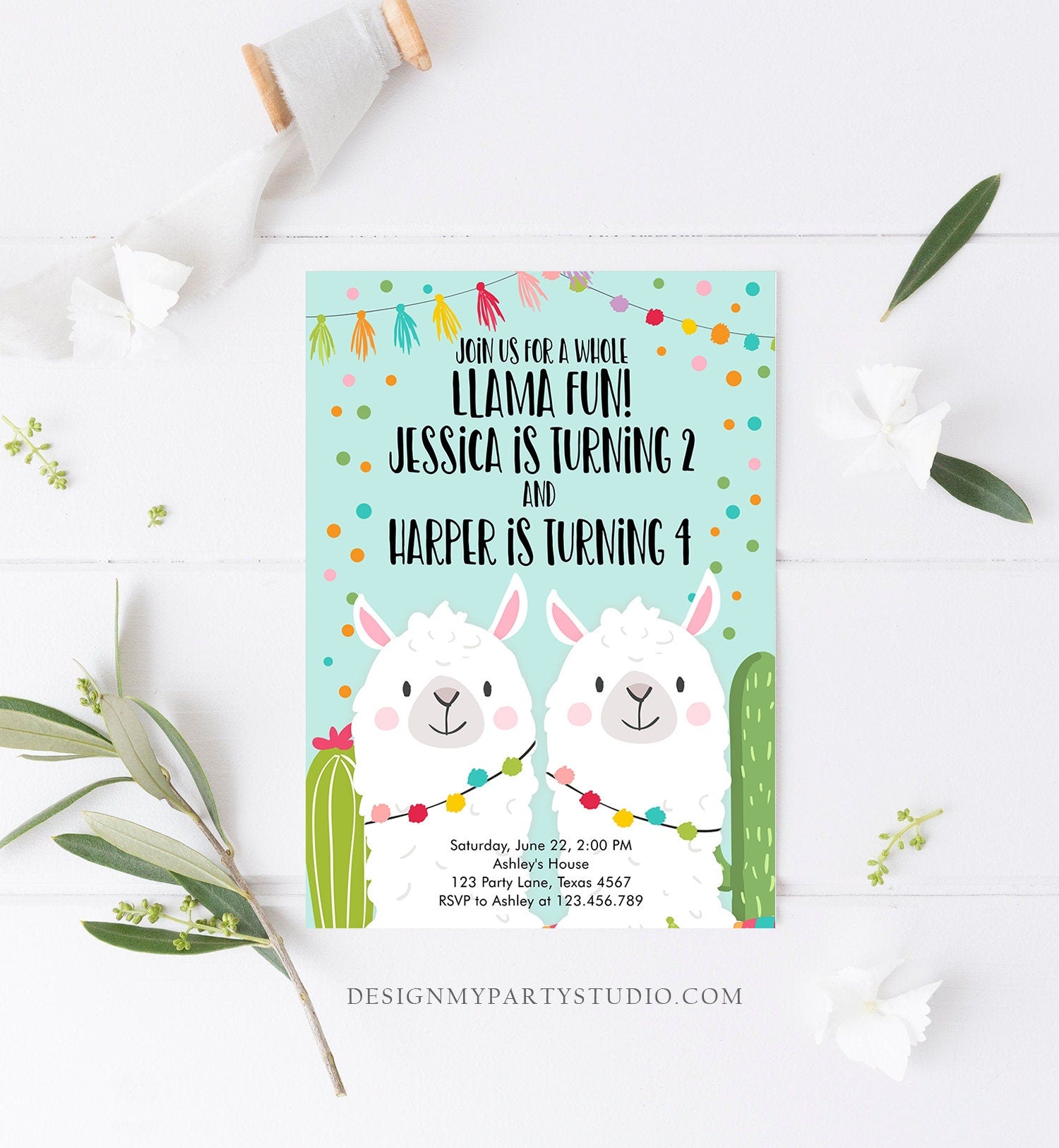 Editable Whole Llama Fun Birthday Invitation Fiesta Twin Llama Cactus Girl Boy Joint Coed Blue Confetti Alpaca Corjl Template Printable 0079