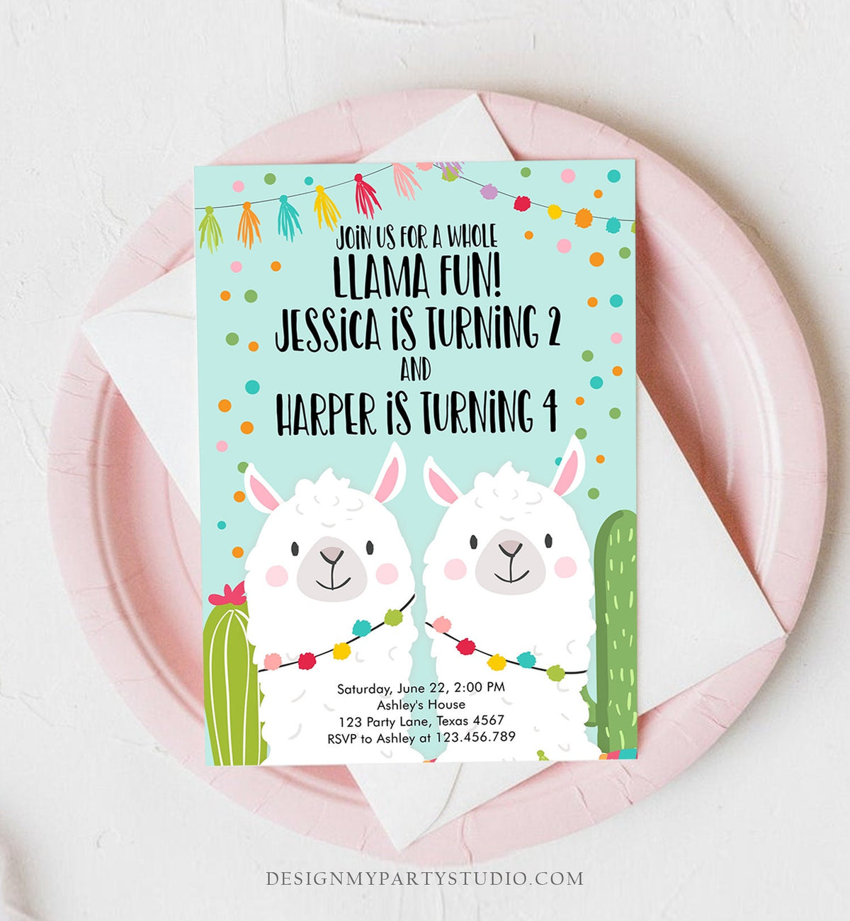 Editable Whole Llama Fun Birthday Invitation Fiesta Twin Llama Cactus Girl Boy Joint Coed Blue Confetti Alpaca Corjl Template Printable 0079