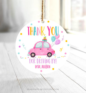 Editable Drive By Favor Tag Drive By Birthday Parade Thank You Gift Tags Quarantine Pink Car Girl Round Square Sticker Corjl Template 0333