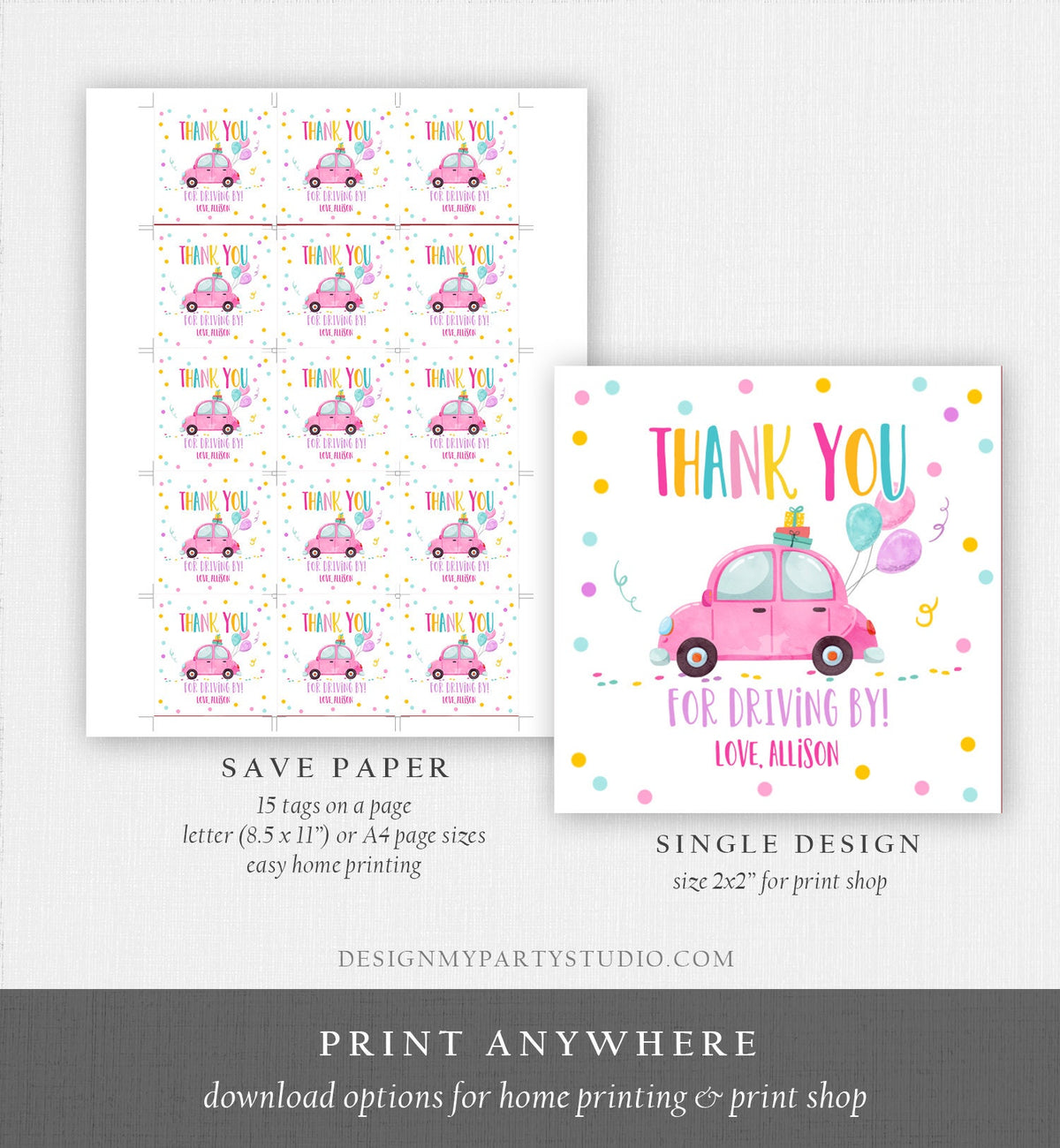 Editable Drive By Favor Tag Drive By Birthday Parade Thank You Gift Tags Quarantine Pink Car Girl Round Square Sticker Corjl Template 0333
