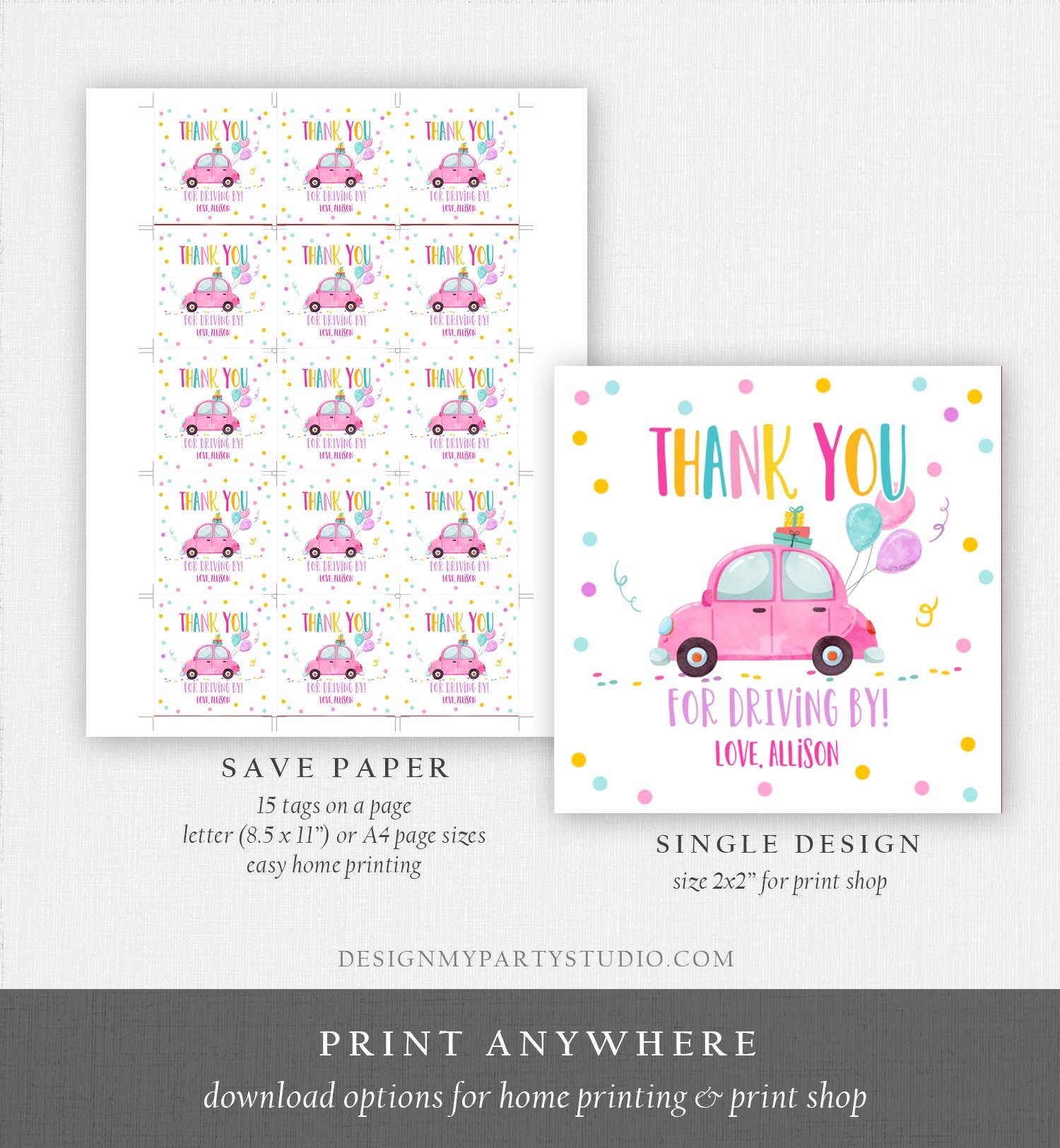 Editable Drive By Favor Tag Drive By Birthday Parade Thank You Gift Tags Quarantine Pink Car Girl Round Square Sticker Corjl Template 0333