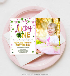 Editable Lucky One Birthday Invitation St. Patrick's Day First Birthday 1st Girl Pink Shamrock Clover Download Corjl Template Printable 0379