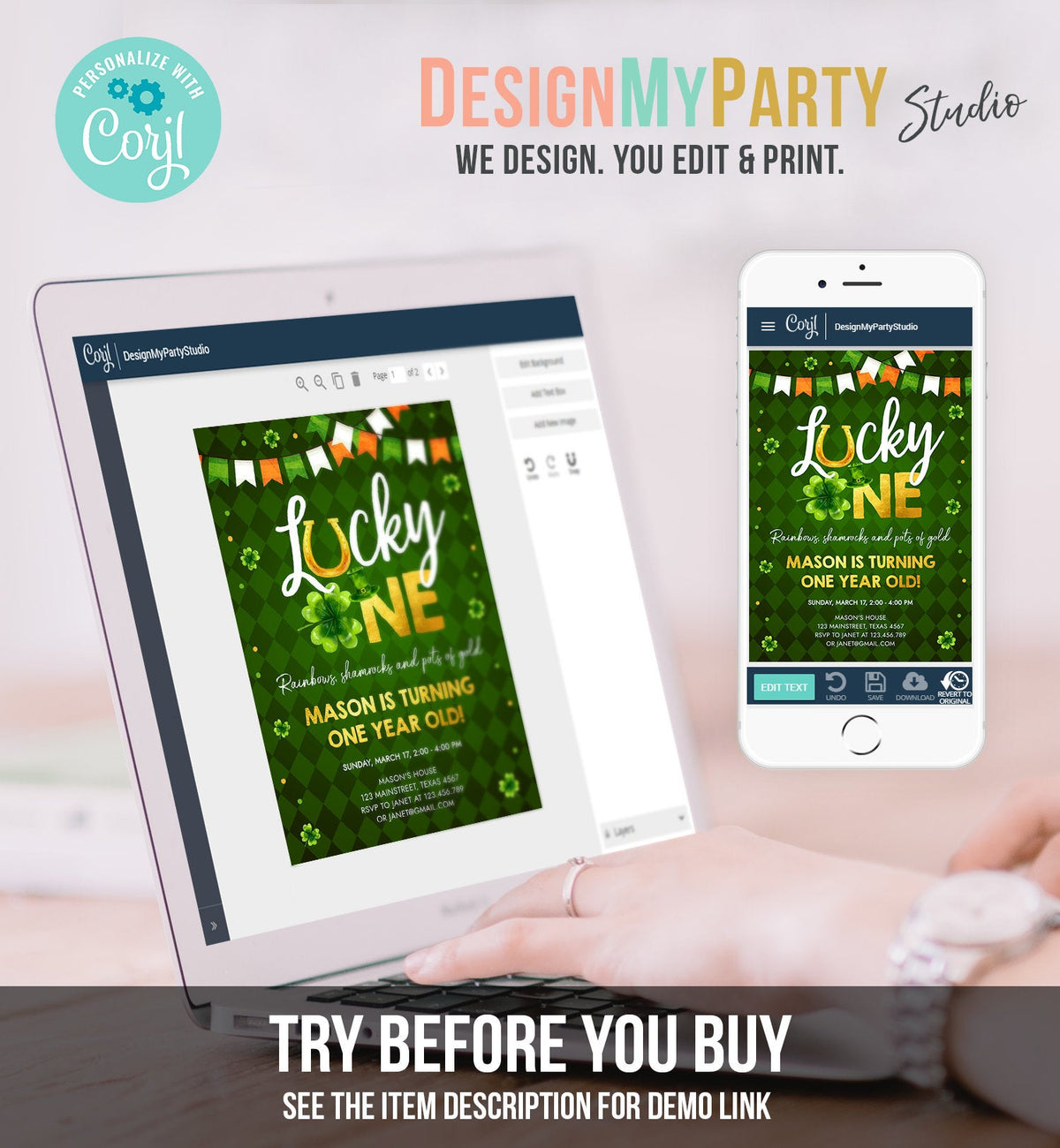 Editable Lucky One Birthday Invitation St. Patrick&amp;#39;s Day First Birthday 1st Boy Shamrock Clover Download Corjl Template Printable 0379