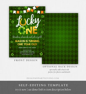 Editable Lucky One Birthday Invitation St. Patrick&#39;s Day First Birthday 1st Boy Shamrock Clover Download Corjl Template Printable 0379