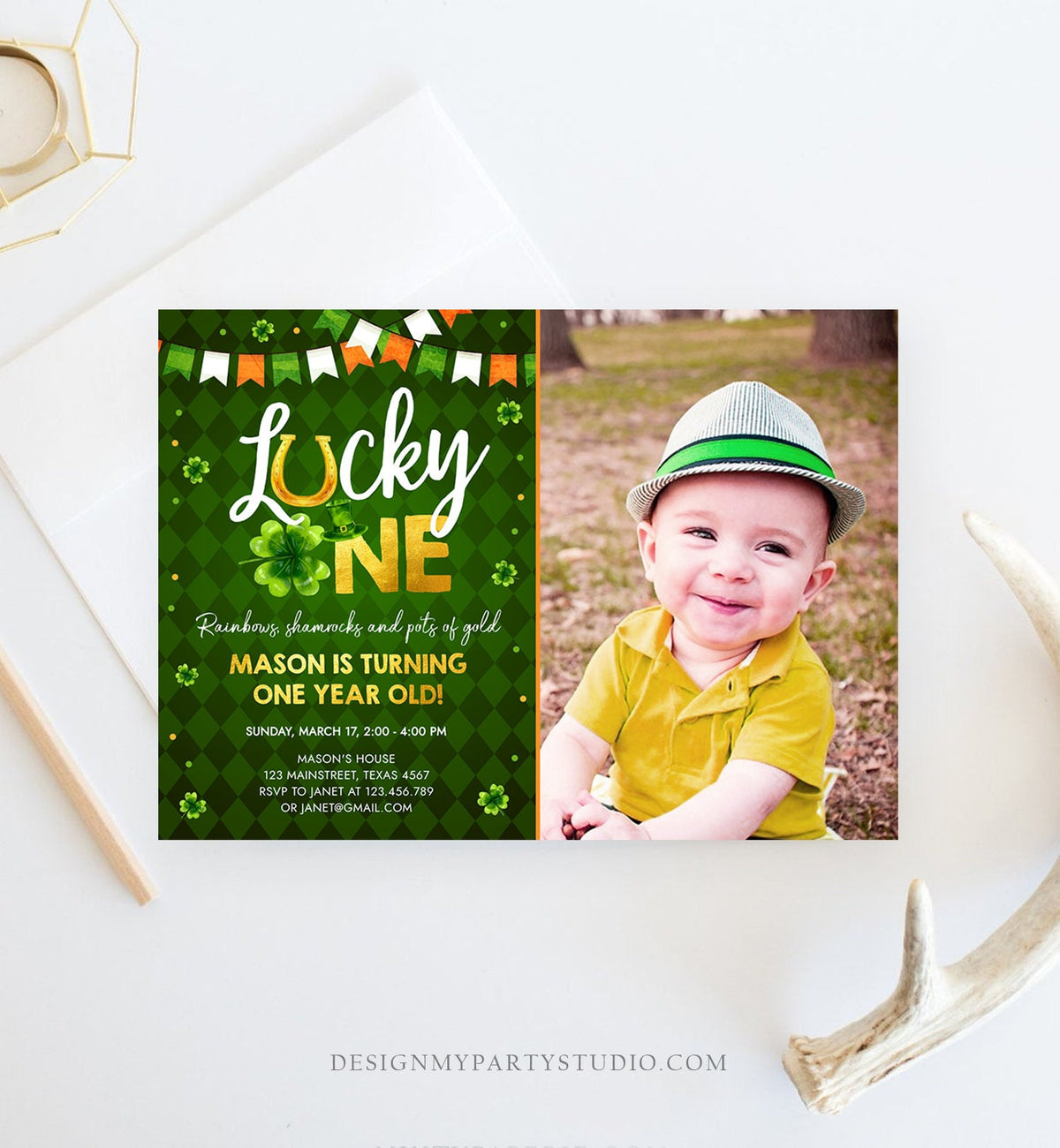 Editable Lucky One Birthday Invitation St. Patrick&#39;s Day First Birthday 1st Boy Shamrock Clover Download Corjl Template Printable 0379
