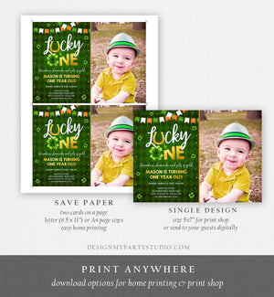 Editable Lucky One Birthday Invitation St. Patrick's Day First Birthday 1st Boy Shamrock Clover Download Corjl Template Printable 0379