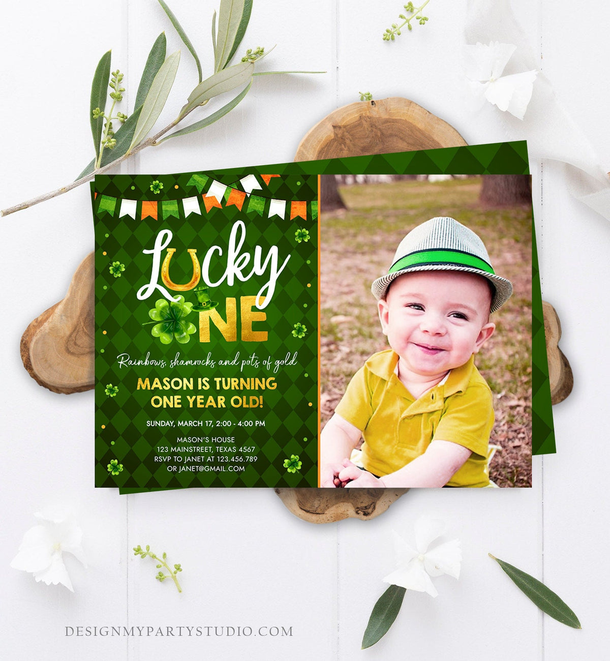 Editable Lucky One Birthday Invitation St. Patrick&#39;s Day First Birthday 1st Boy Shamrock Clover Download Corjl Template Printable 0379