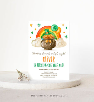 Editable Lucky One Birthday Invitation St. Patrick&#39;s Day First Birthday 1st Boy Shamrock Clover Download Corjl Template Printable 0380