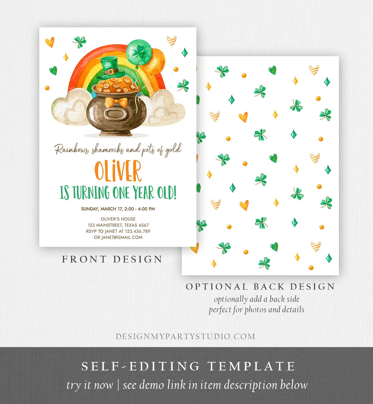 Editable Lucky One Birthday Invitation St. Patrick's Day First Birthday 1st Boy Shamrock Clover Download Corjl Template Printable 0380