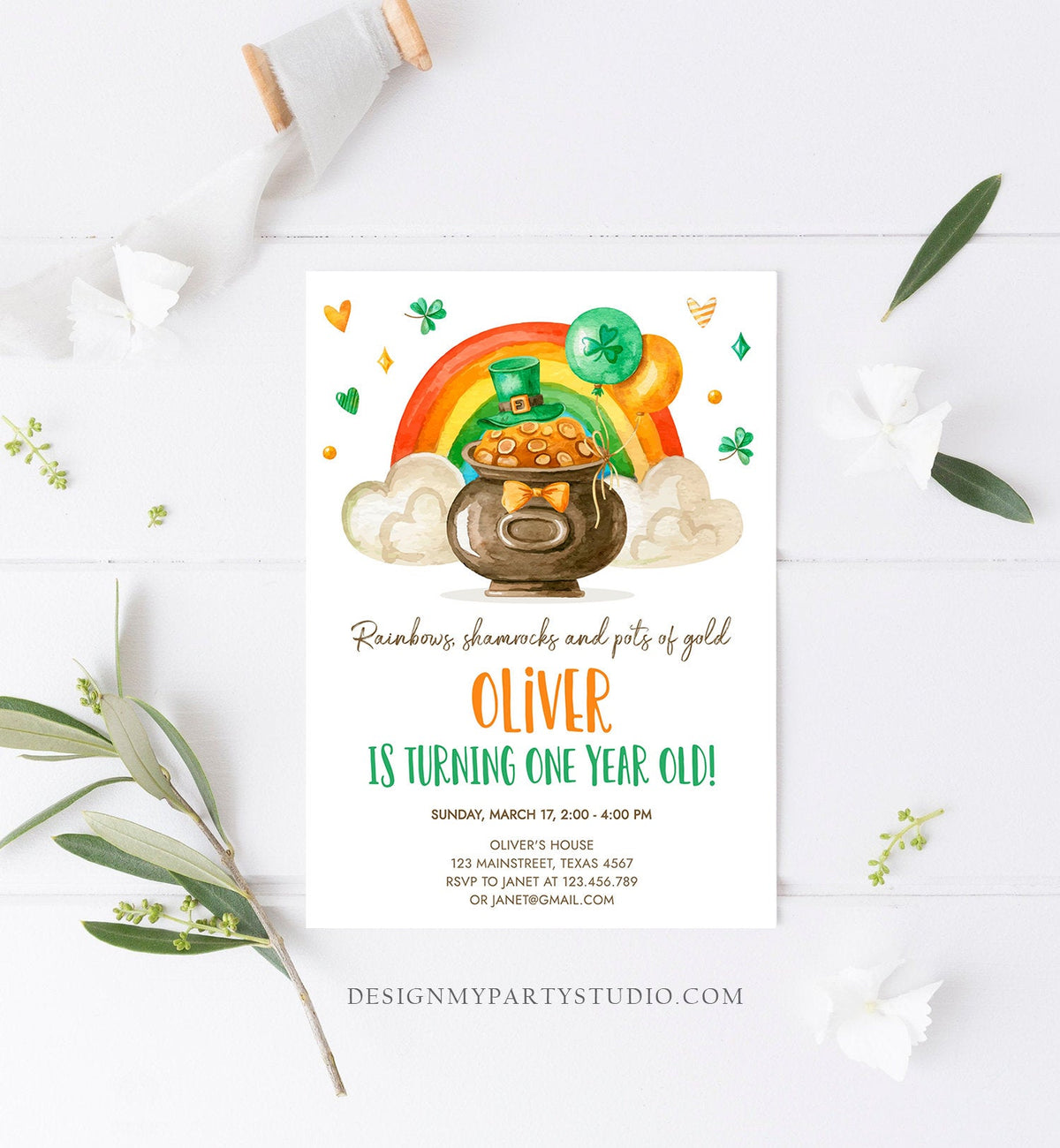 Editable Lucky One Birthday Invitation St. Patrick&amp;#39;s Day First Birthday 1st Boy Shamrock Clover Download Corjl Template Printable 0380