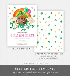 Editable Lucky One Birthday Invitation St. Patrick's Day First Birthday 1st Girl Pink Shamrock Clover Download Corjl Template Printable 0380